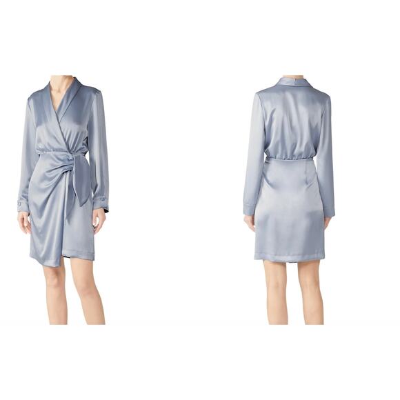 Nanushka Siwa Wrap Dress XS Surplice V-Neck Long Sleeve Satin Tie-Waist Ice Blue - Picture 1 of 9